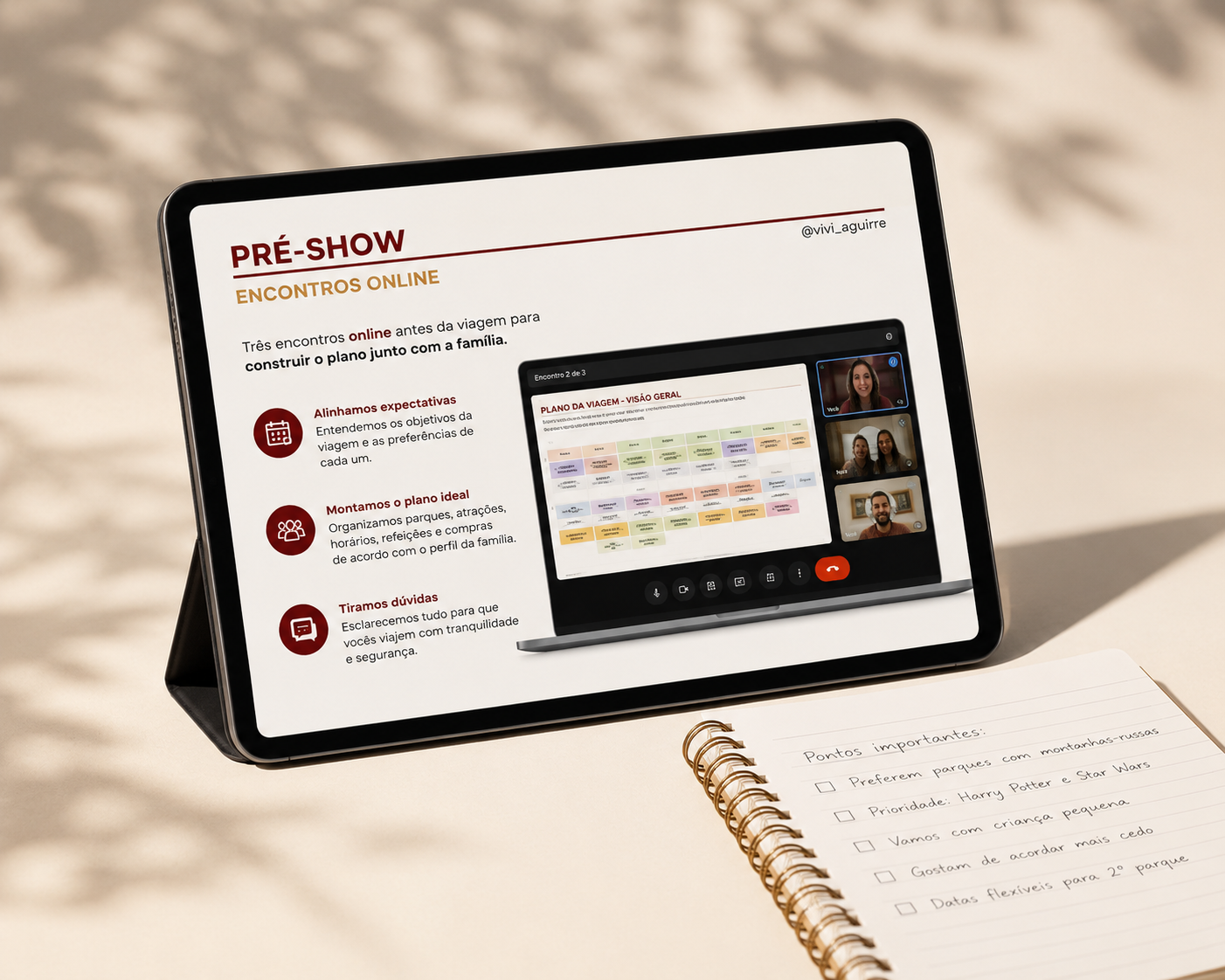 Pré Show da VivA Orlando: encontros online exibidos em tablet ao lado de caderno de anotações