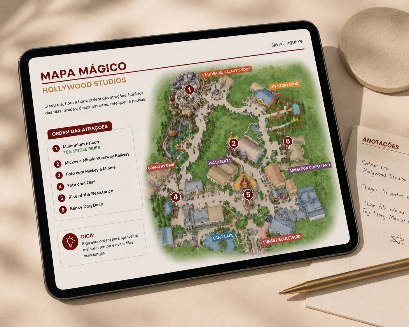 Mapa Mágico da VivA Orlando para Hollywood Studios exibido em tablet ao lado de caderno de anotações