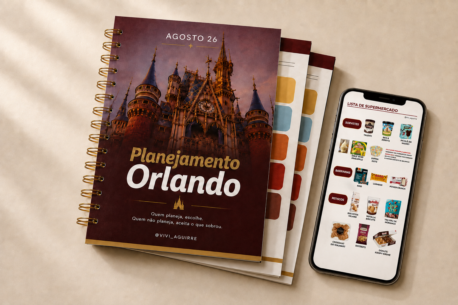 Caderno de Planejamento Orlando da VivA com capa do castelo e páginas internas coloridas